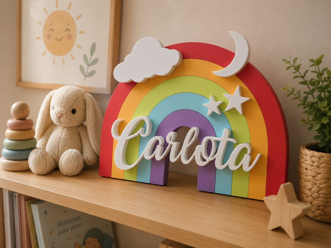 Arcoíris de colores con nube, luna, estrellas y el nombre Carlota en blanco