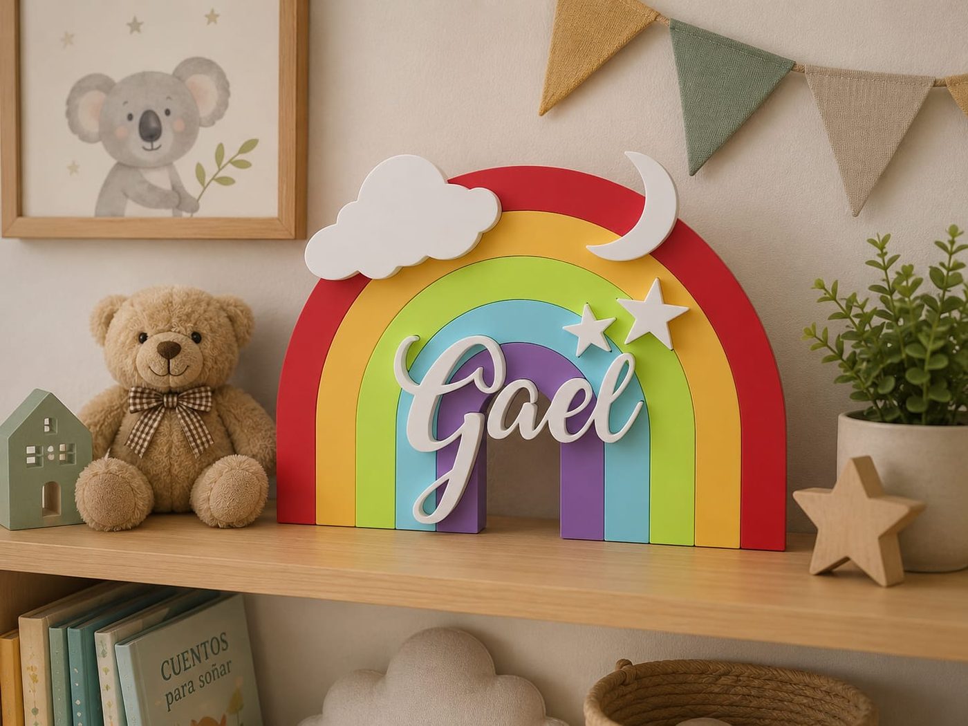 Arcoíris de colores personalizado con el nombre Gael, nube, luna y estrellas