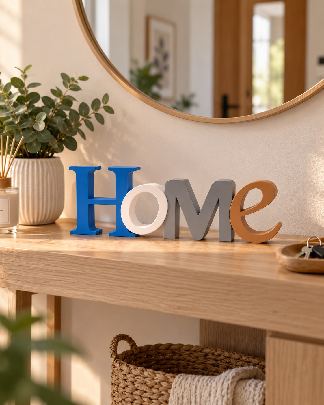 Letras decorativas HOME en azul, blanco, gris y marrón sobre una consola de madera en una entrada