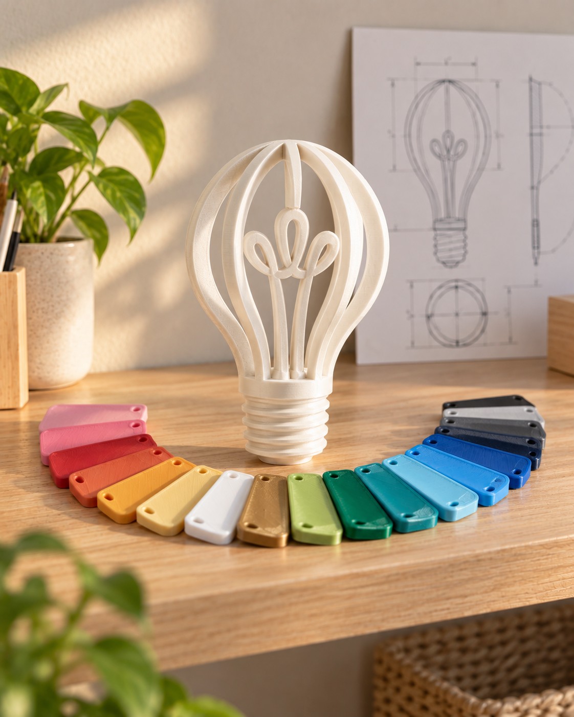 Bombilla decorativa impresa en 3D rodeada de muestras de color, con un boceto de diseño al fondo