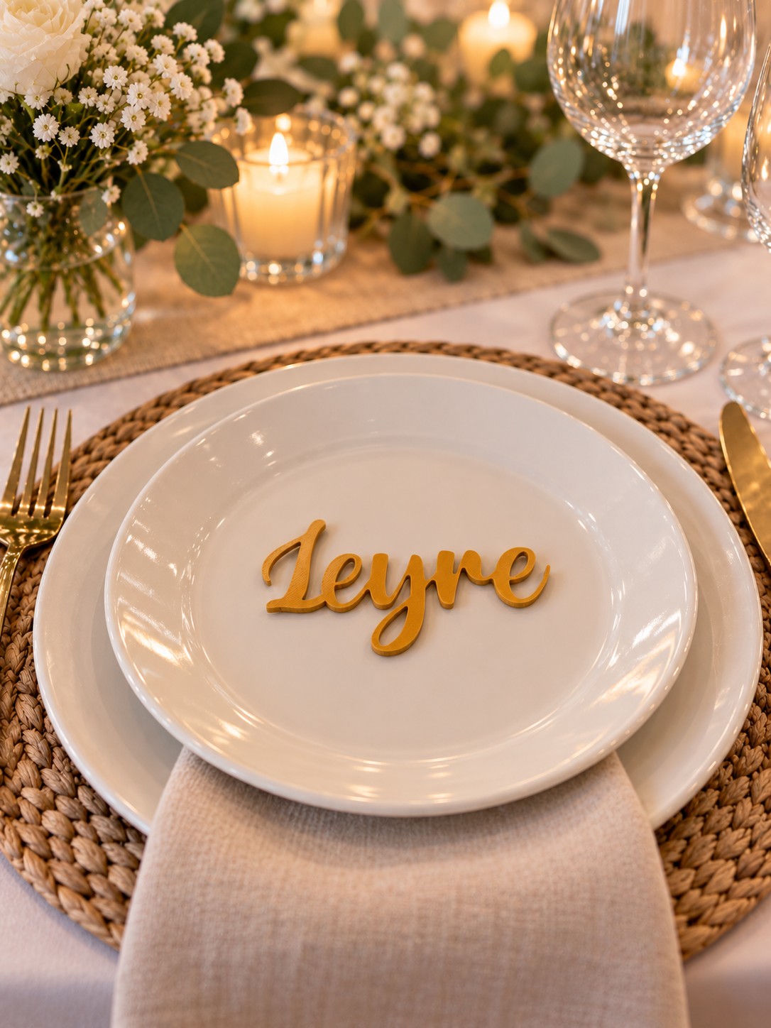 Marcasitio dorado con el nombre Leyre sobre un plato blanco en una mesa decorada