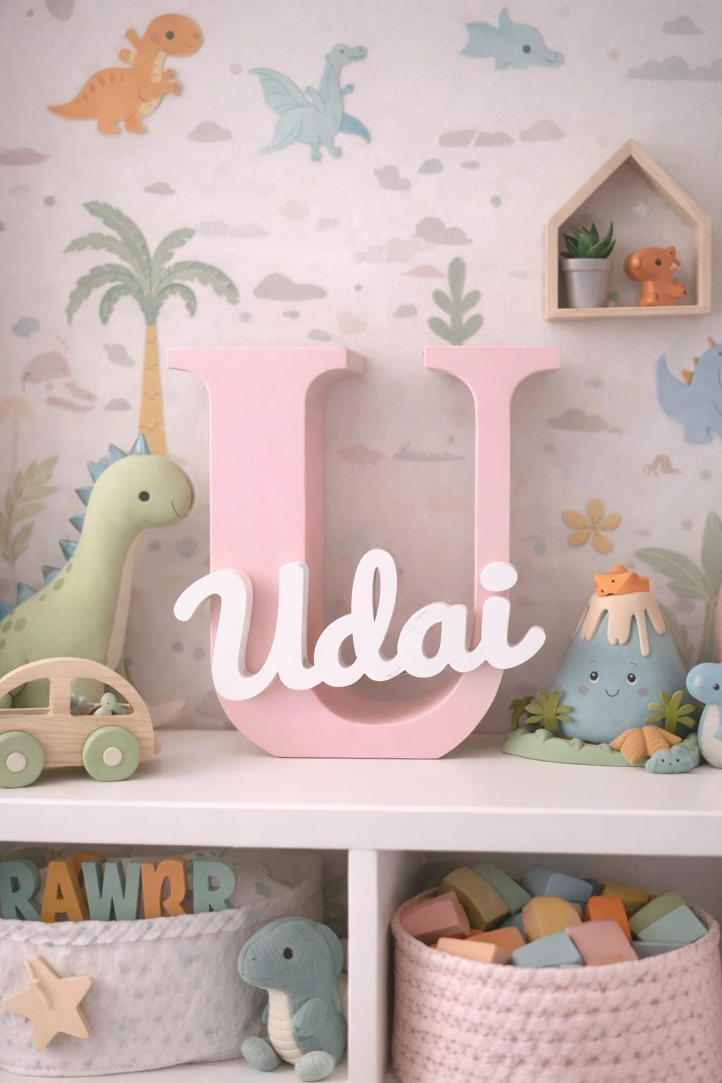 Letra U rosa con el nombre Udai en blanco