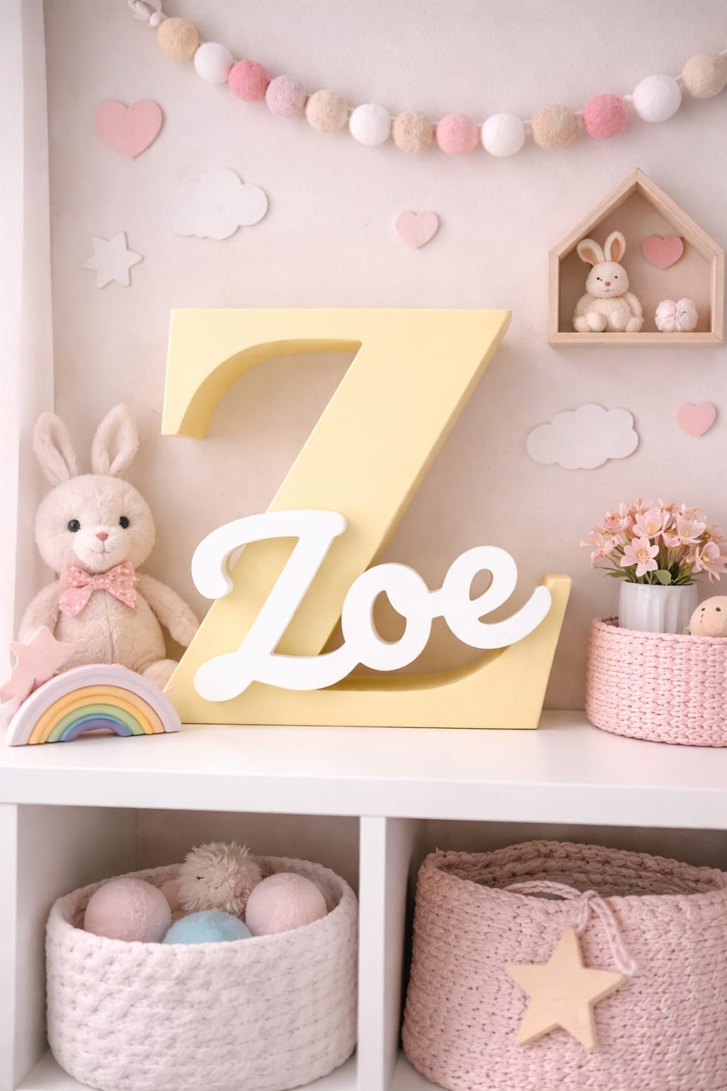 Letra Z amarilla con el nombre Zoe en blanco
